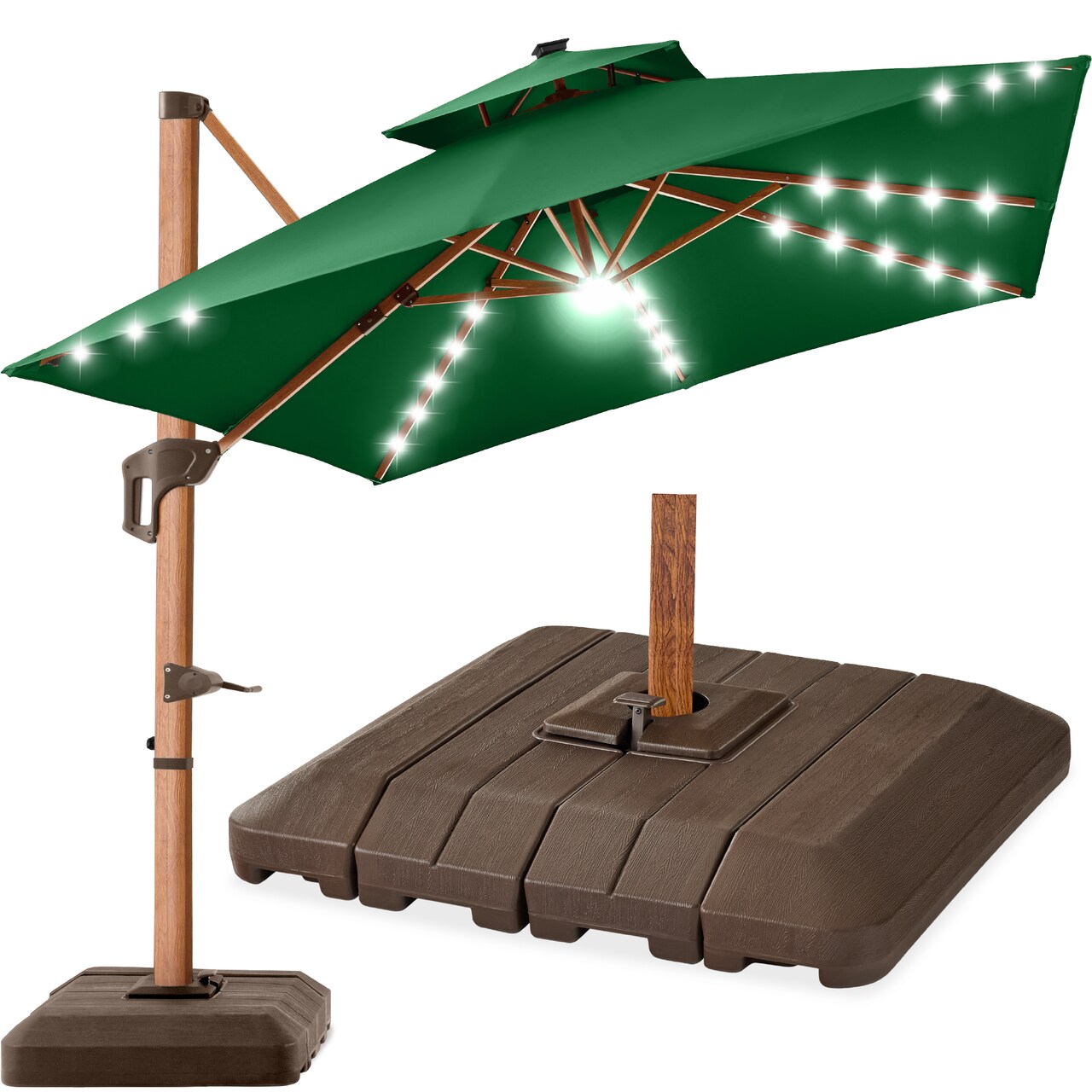 Best Choice Products 10ft Square Woodgrain Pattern 2-Tier Outdoor Solar LED Cantilever Umbrella w/ Base
